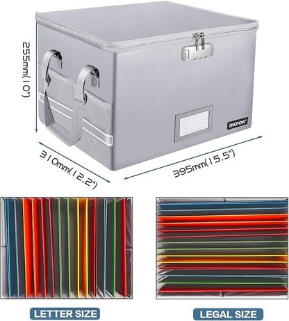 ENGPOW File Box with Lock, Fireproof Document Box with Zipper＆Pockets, Collapsible File Organizer Filing Storage Cabinet with Handle, Portable Home Office Safe for Hanging Letter/Legal Folder,Silver