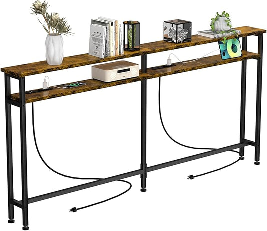 78 Inch Double-Layer Narrow Console Sofa Table with 2 Power Outlets&4 AC Plugs&4 USB Ports, 4.9' Extension Cord Included, Behind Couch Table for Living Room/office Easy Assembly - Rustic Brown