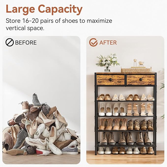 Shoe Rack for Entryway, 5 Tier Shoe Organizer with 2 Non-woven Drawers, Metal Storage Shoe Shelf for 16-20 Pairs of Shoes, with Wooden Top and Steel Frame, Shoe Stand for Closet Rustic Brown
