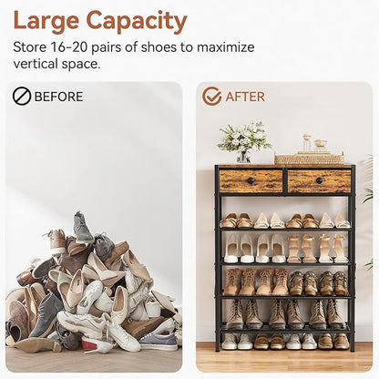 Shoe Rack for Entryway, 5 Tier Shoe Organizer with 2 Non-woven Drawers, Metal Storage Shoe Shelf for 16-20 Pairs of Shoes, with Wooden Top and Steel Frame, Shoe Stand for Closet Rustic Brown