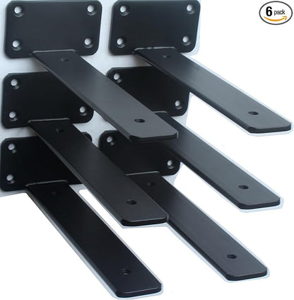 6 Pack - 9 inch Black Hidden L Shelf Bracket (1/5 Inch Thicked) Iron Floating Shelf Brackets Rustic Industrial Metal Brackets for Shelf Support