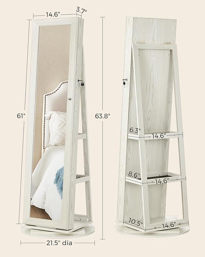SONGMICS 360° Swivel Jewelry Cabinet, Lockable Jewelry Organizer with Full-Length Mirror, Rear Storage Shelves, Interior Mirror, Jewelry Armoire, Gift Idea, White with Gray Wood Grain UJJC006W01