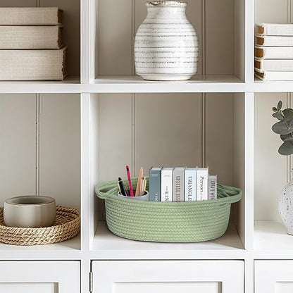Small Baskets for Gifts Empty, 13"x 9"x 5" Woven Gift Basket with Bag and Ribbon, Cotton Rope Kids Dog Cat Toy Bin Box, Cute Baby Nursery Organizer, Decorative Storage with Handles, Green
