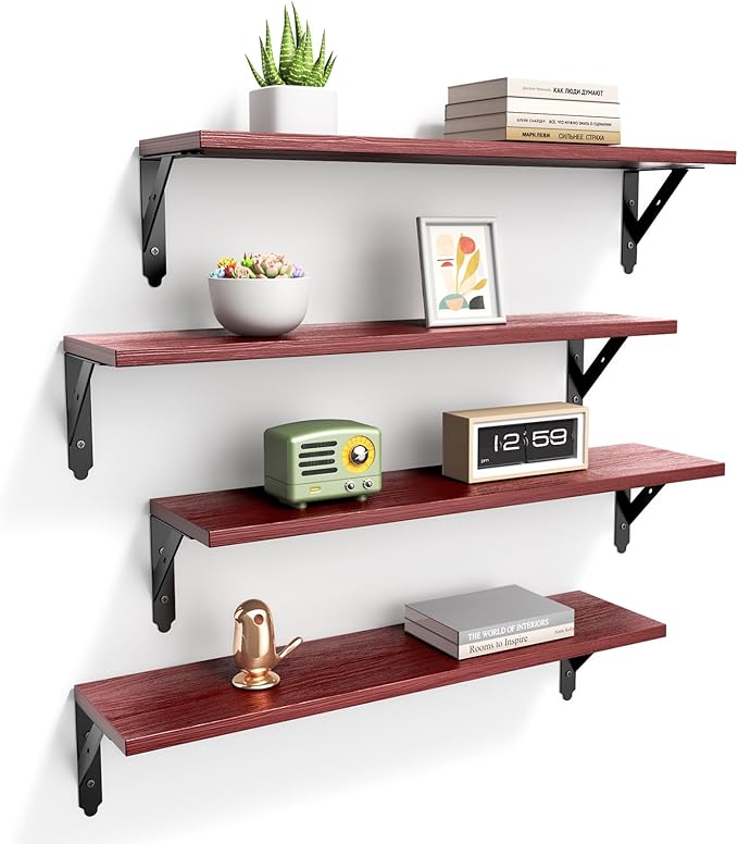 Wood Floating Shelves Set of 4, Rustic Storage Decor Wall Shelves, Wall Mounted Shelf for Living Room, Bedroom 23.6" x 6", Red