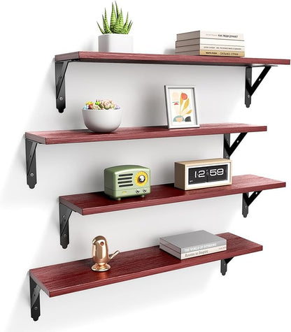 Wood Floating Shelves Set of 4, Rustic Storage Decor Wall Shelves, Wall Mounted Shelf for Living Room, Bedroom 23.6" x 6", Red