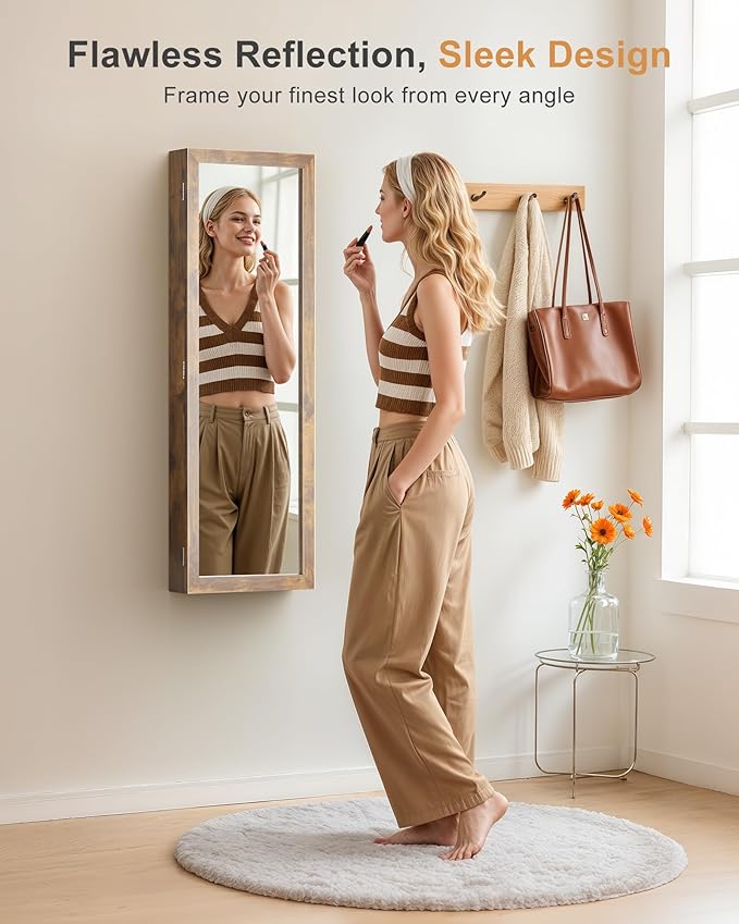 Nicetree 6 LEDs Mirror Jewelry Cabinet with 3 Improvements, 4.2" D Door/Wall Mounted Jewelry Armoire with Full Length Mirror, Larger Capacity, Rustic Brown