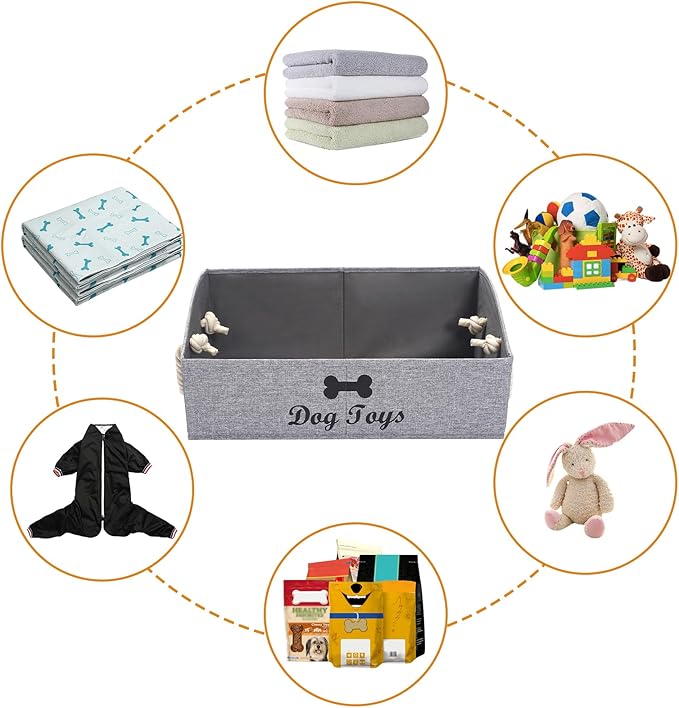 Geyecete 2 Pack Large Dog Toys Storage Bins-Foldable Fabric Trapezoid Organizer Boxes with weave Rope Handle,Collapsible Basket for Shelves,Dog Apparel(Snow Gray-DOG)