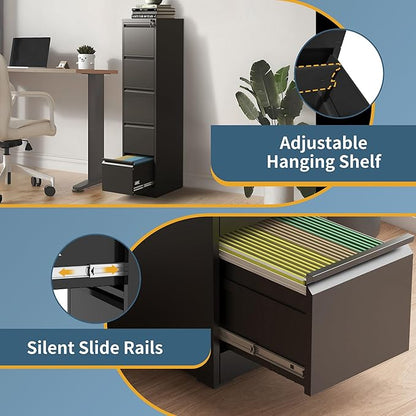 5 Drawer File Cabinet with Lock, Vertical Filing Cabinets for Home Office, Metal Storage Cabinets, Heavy Duty File Cabinet for Letter/Legal/A4/F4 Size Amsseble Required, Black