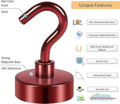 Neosmuk Magnetic Hooks, Heavy Duty 40lb+ Strong Magnet Hook for Cruise Cabins, Cruise Ship Essentials for Hanging, Metal Wall Refrigerator Hangers (Red, 10 Pack)