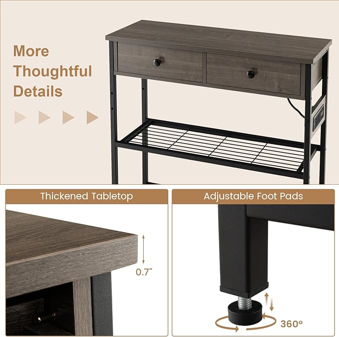 GOFLAME Console Table with Power Outlet, Narrow Entry Table with Drawers, 2 AC Outlets & 2 USB Ports, Sofa Table for Living Room Behind Couch, Living Room, Foyer, Grey Oak