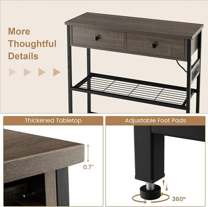 GOFLAME Console Table with Power Outlet, Narrow Entry Table with Drawers, 2 AC Outlets & 2 USB Ports, Sofa Table for Living Room Behind Couch, Living Room, Foyer, Grey Oak