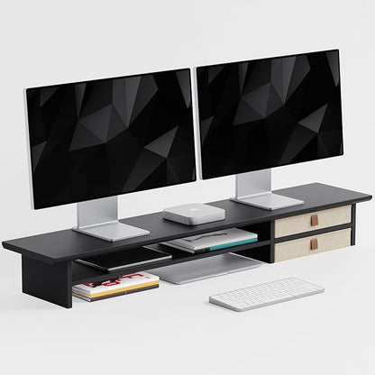 Dual‑Tier Monitor Stand Riser with Drawers, Desktop Organizer Shelf Storage for Computer Screen 2 Monitors, Supports for PC Computer Monitor, Printer, Heavy TV Riser Black