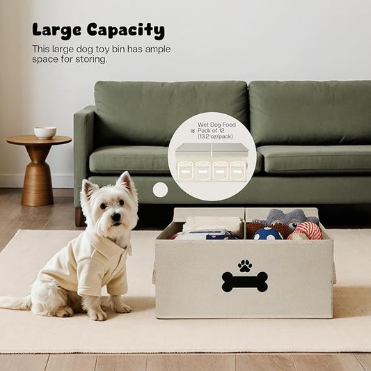 Dog Toy Basket with Double-Open Lid, Divided Dogs Basket for Toys, Collapsible Pet Toy Box, Dog Storage Organizer with 2 Divided Area, Puppy Toys Baskets with Rope Handles, Beige