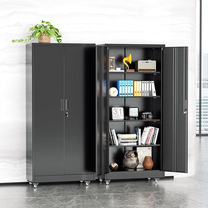 Bonusall Garage Cabinets with Wheels, 73" H Metal Locking Cabinet with 2 Doors and 4 Shelves, Storage Cabinet on Wheels for Home Office,Warehous, School(Black