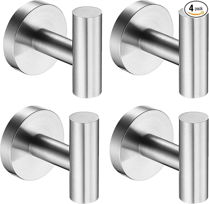 Nolimas Bathroom Towel Hooks, SUS 304 Stainless Steel Coat Hook Round Clothes Towel Coat Robe Hook Cabinet Closet Door Sponges Holder for Bath Kitchen Garage Hotel,Wall Mounted, Brushed Nickel, 4Pack
