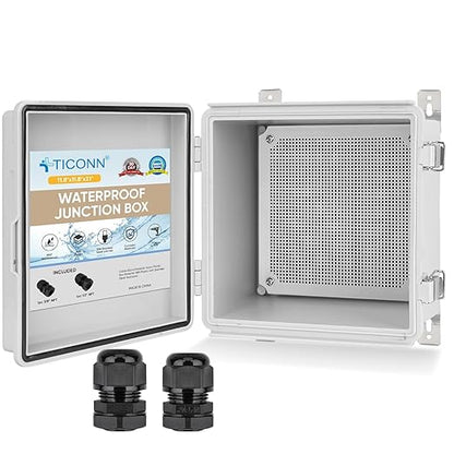 TICONN Outdoor Electrical Box Waterproof, Junction Box IP67 ABS Plastic Enclosure with Hinged Cover with Mounting Plate, Wall Brackets, Cable Glands (Off-White, 11.8"x11.8"x7.1")