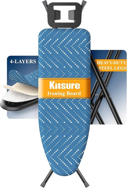 Kitsure Folding Ironing Board - Height Adjustable Iron Board in Full Size, Wobble-Free & Heavy-Duty Ironing Board with Cover and Pad for Heat Resistance, Blue, 43"L x 13"W x 35.8"H, Garment Steamer