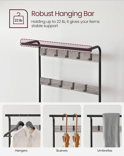VASAGLE Coat Rack, Hall Tree with Shoe Bench for Entryway, Entryway Bench with Coat Rack, 4-in-1, with 9 Removable Hooks, a Hanging Rod, 13.3 x 28.3 x 72.1 Inches, Greige and Black UHSR40MB