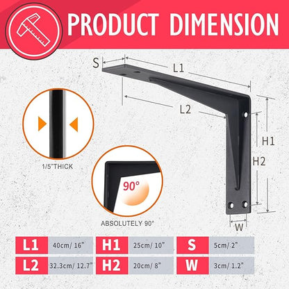 CLT 16” Black Shelf Bracket, 1/5" Thick – Heavy Duty Corner Brace, Supports 440 lbs, Industrial Modern Farmhouse Style – Right Angle Bracket for Tables, Benches, DIY Space-Saving Projects (Pack of 4)