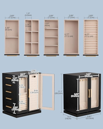 Lolalet Rotating 360° Jewelry Box, Clear Window Jewellery Storage for Earrings Bracelets Necklaces Rings, Large Vertical Organizer for Women, Valentine's Day Gift -Black