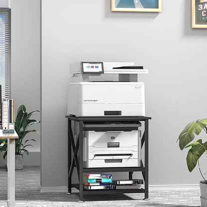 Printer Stand, 23.6 x 23.6 Inches Large Printer Stand with Adjustable Storage Shelf, 3 Tier Printer Table for Home Office, Rolling Printer Cart with Industrial Wheels, Mini Fridge Stand Table, Black