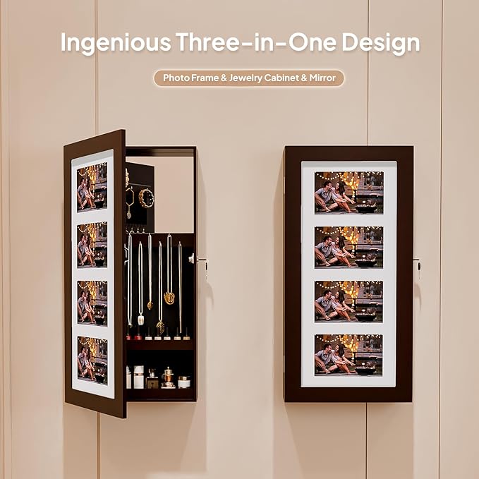 Bonnlo Jewelry Armoire with Photo Frame, Inner Mirror,23.62 x 11.81 x 3.55 inch, Key Storage Cabinet, Lockable Design,Wall Mount (dark brown)