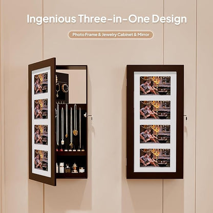 Bonnlo Jewelry Armoire with Photo Frame, Inner Mirror,23.62 x 11.81 x 3.55 inch, Key Storage Cabinet, Lockable Design,Wall Mount (dark brown)