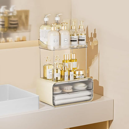 Delamu Bathroom Counter Organizer 2-Drawers 2-Tier Acrylic Makeup Organizer for Vanity Countertop, Skincare Perfume Storage, Easy Assembly, Ideal for Women, Bath Linen Sets, CreamWhite