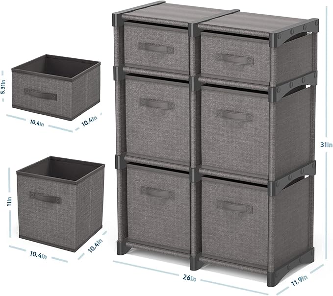 6 Cube Storage Organizer - Gray Cube Organizer Shelf, DIY Storage Cubes Organizer Shelves with Fabric Storage Cubes, Sturdy Cubbies Storage Shelves, Cube Storage Shelf for Bedroom, Playroom and More