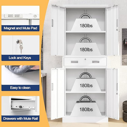 Metal Storage Cabinet, 71" H x 28" W x 16" D Locking Storage Cabinet with Adjustable Shelves and One Drawer for Office, Garage, Home, School, Utility(White)