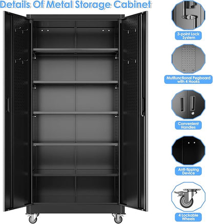 SUXXAN Metal Garage Storage Cabinet with Wheels and Pegboard, 71'' x 34'' x 18'' Lockable Rolling Steel Cabinet with 5 Adjustable Shelves and Door for Garage, Office, Kitchen, Assembly Required