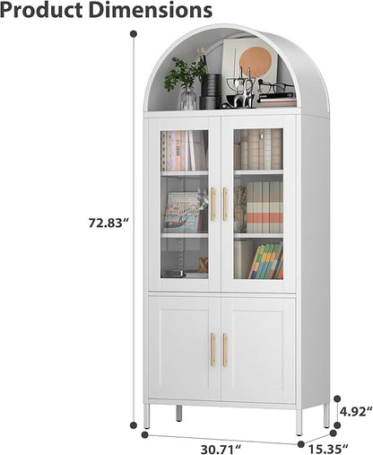 Metal Arched Pantry Cabinet with 2 Drawers,White Arched Kitchen Pantry Cabinet with Glass Door for Kitchen Home, Assemble Required,White,72.76"×30.83" W×16.10" D