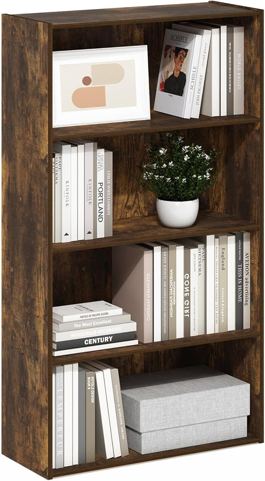 Furinno PASIR Book Shelf, 4-Tier Bookshelf, Bookcase with Open Shelf, 9.4 x 23.6 x 41.7, for Living Room, Bedroom, Home Office, Amber Pine