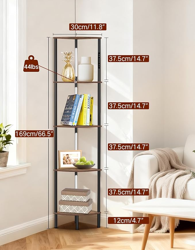5-Tier Corner Bookshelf with LED Lights, Touch & Remote Control, 3 Color Temperatures, Dimmable Narrow Display Shelf for Living Room, Bedroom, Office (Rustic Brown)