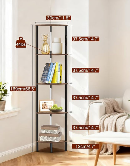 5-Tier Corner Bookshelf with LED Lights, Touch & Remote Control, 3 Color Temperatures, Dimmable Narrow Display Shelf for Living Room, Bedroom, Office (Rustic Brown)