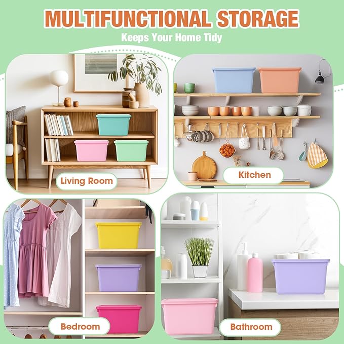 8 Pack Cute Plastic Storage Bins with Lids Decorative Stackable Storage Boxes 9.8" ×7.3" ×5.7" Small Storing Totes for Organizing Craft Office Supplies (Mixed Color)