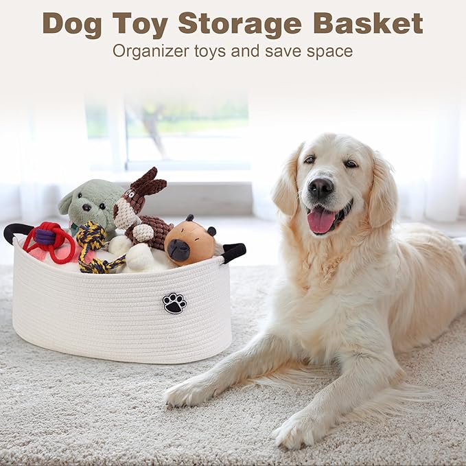 Dog Toy Basket, Toy Box and Bin for Dog Cat Storage, 19.7" X 11" X 7.9" (30L) Large Woven Basket for Blanket Storage, Rope Baskets for Living Room, Bedroom, White