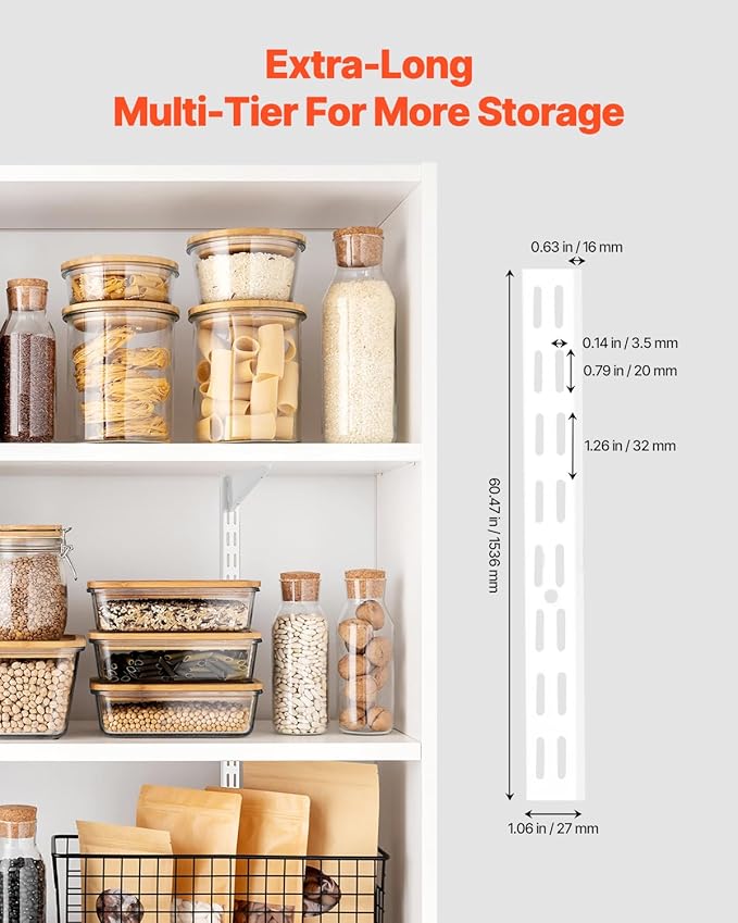VEVOR Shelf Pilaster, 60-inch 5 Pack, Dual Track Upright Wall Shelving System, Heavy Duty Support System Twin Slot Shelf Rails, 25 Screws, Suitable for Cabinet Closet Organization Storage, Silver