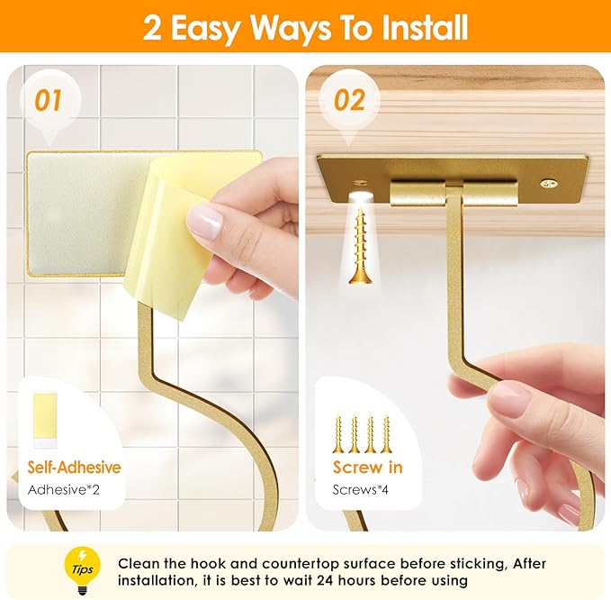 2PCS Self Adhesive Banana Hook Under Cabinet Foldable Banana Hanger Metal Under Counter Banana Hook to Keep Bananas Fresh Banana Holder for Kitchen RV Space Saving, Golden