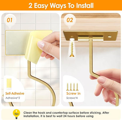 2PCS Self Adhesive Banana Hook Under Cabinet Foldable Banana Hanger Metal Under Counter Banana Hook to Keep Bananas Fresh Banana Holder for Kitchen RV Space Saving, Golden