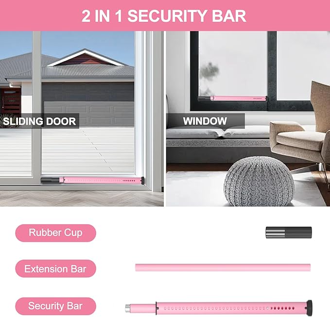 AceMining Sliding Door Security Bar,Heavy Duty Sliding Patio Door Lock Bar, 20-50inch Adjustable Multi-use Window Security Bars, Sliding Door Stopper,Pink,2Pack