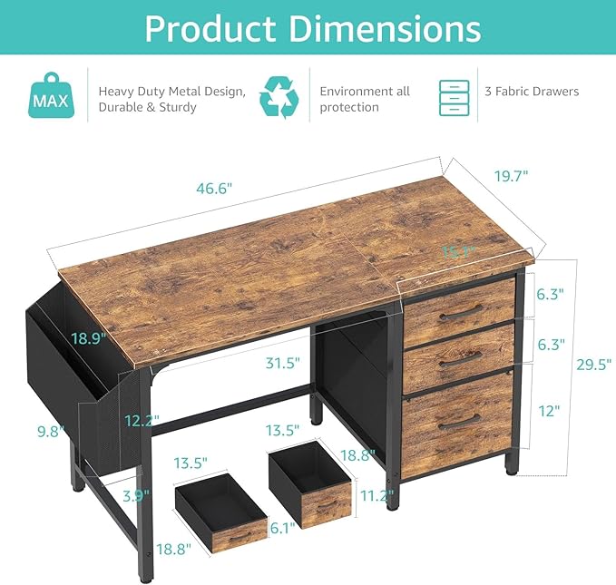 Lufeiya Computer Desk with Fabric File Drawers Cabinet, 47 Inch Reversible Home Office Desks with Filing Cabinet for Small Space, Study Writing Table PC Desks, Rustic Brown