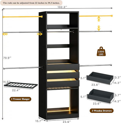 Closet System, 4-8FT Closet Organizer with 3 Wood Drawers & Glass Top, 102'' Walk in Closet with 5 Hang Rods & LED Lights & Trouser Rack, Built-in Wardrobe Clothes Rack with Shelves and Tower, Black
