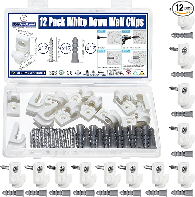 12 Pack White Down Wall Clip Closet Shelves Clips Wire Shelf Loop Clips Plastic Heavy Duty Wire Shelf Brackets Included Clips Screws and Expansion Tubes for Wire Closet Shelving