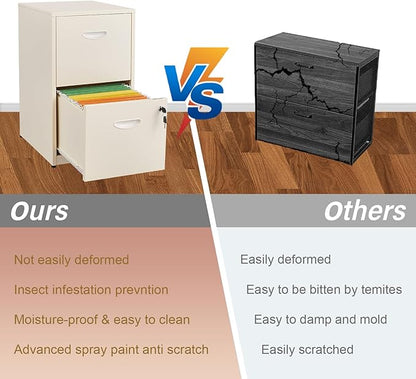2 Drawer File Cabinet with Lock, Locked Filing Cabinets for Home Office, Small File Cabinets for Under Desk, Metal Files Cabinet for Hanging Letter Size, Cream, Assembly Required