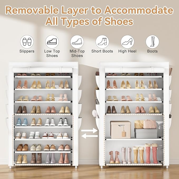 Shoe Rack with Cover, 8 Tier Tall Shoe Organizer Storage for 36-45 Pair Shoes and Boots Large Shoe Storage Shelf Free Standing Shoe Rack for Closet, Front Door Entrance, Dorm, Garage, White