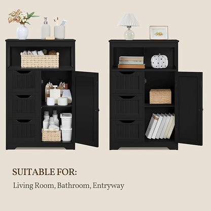 Yaheetech Bathroom Floor Cabinet, Free Standing Wooden Storage Cabinet Multiple Tiers Storage Organizer for Bathroom/Living Room/Entryway, Black