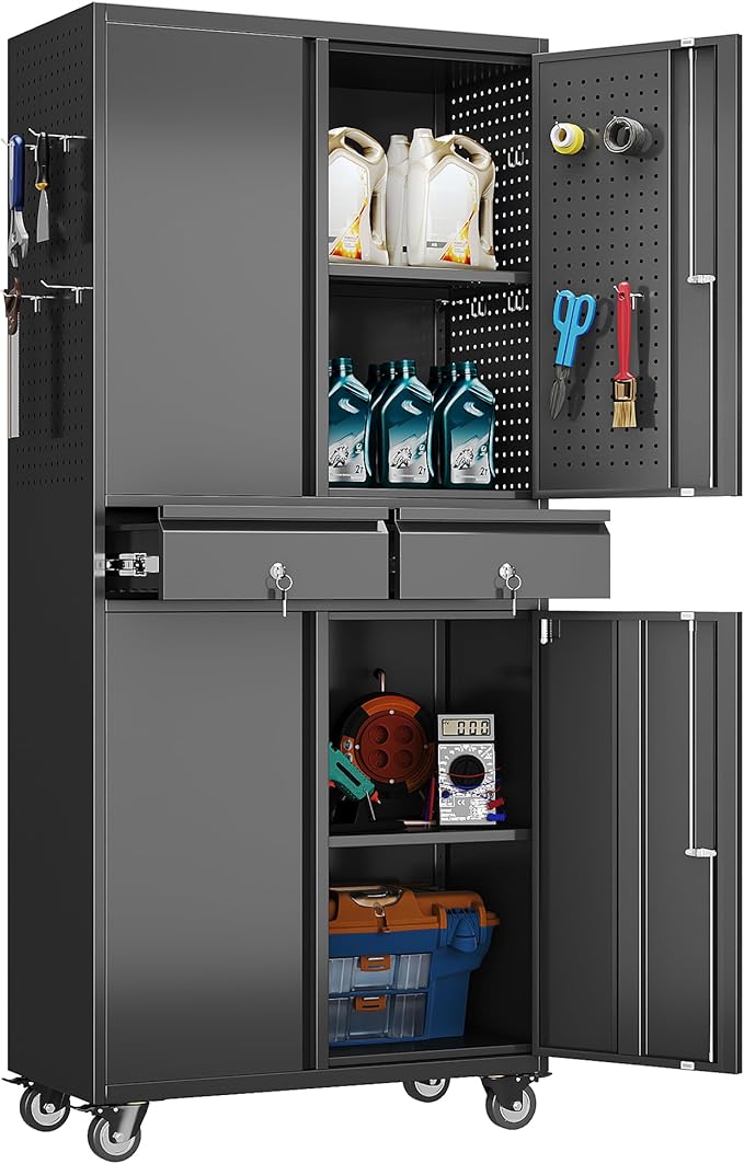 Metal Garage Storage Cabinet with Wheels, 8 Hooks and Pegboards, 71" H 2 Drawer Rolling Tool Storage Cabinet with Locking Doors and Adjustable Shelves for Garage, Warehouse, Black