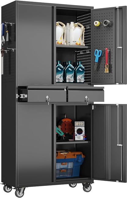 Metal Garage Storage Cabinet with Wheels, 8 Hooks and Pegboards, 71" H 2 Drawer Rolling Tool Storage Cabinet with Locking Doors and Adjustable Shelves for Garage, Warehouse, Black