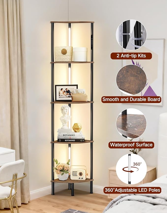 5-Tier Corner Bookshelf with LED Lights, Touch & Remote Control, 3 Color Temperatures, Dimmable Narrow Display Shelf for Living Room, Bedroom, Office (Rustic Brown)